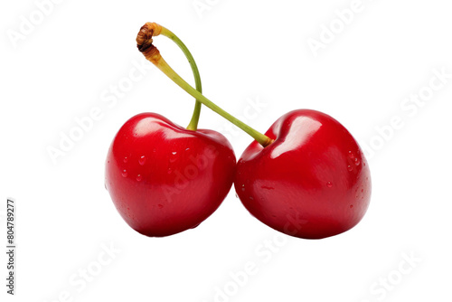 Two shiny red cherries with green stems isolated on a transparent background.
