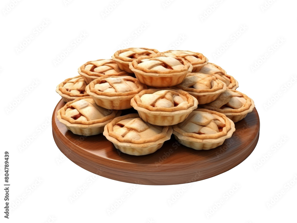 A group of delicious and fresh baked apple pies sprinkled with sugar on a wooden plate. A group of delicious and fresh baked apple pies sprinkled with sugar on a wooden plate.