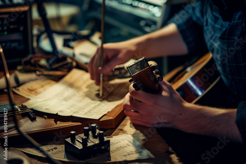 Showcase a songwriter or composer using a metronome as they create music, emphasizing the role of rhythm in artistic expression.