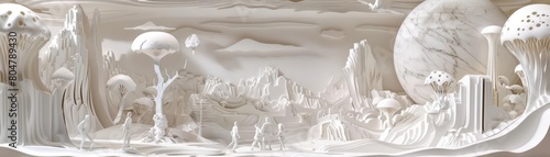 A paper sculpture garden, with abstract and realistic figures crafted from marblelike white and veined paper, paper art style concept