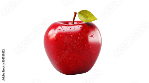 A shiny red apple with a green leaf on a black background.