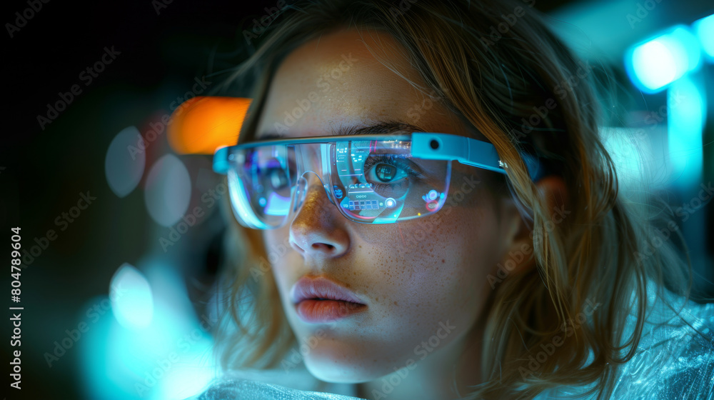 Woman wearing augmented reality glasses with digital interface