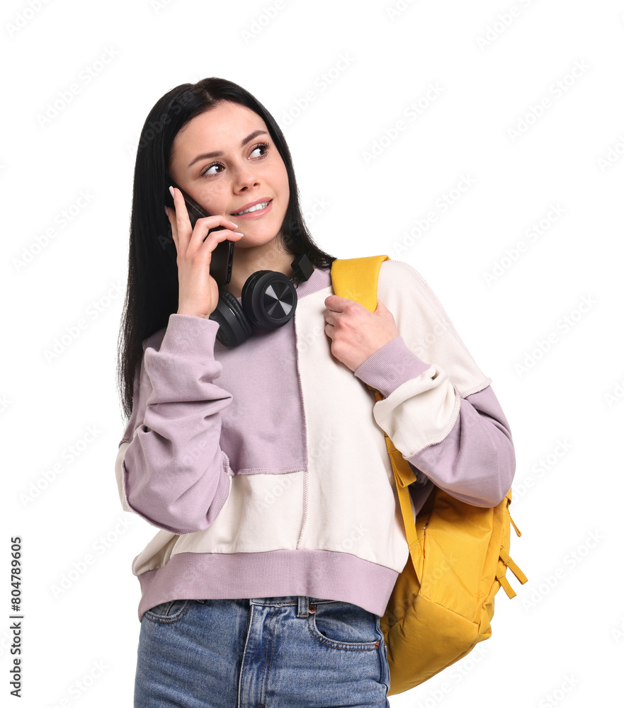 Smiling student talking by smartphone on white background Smiling student talking by smartphone on white background