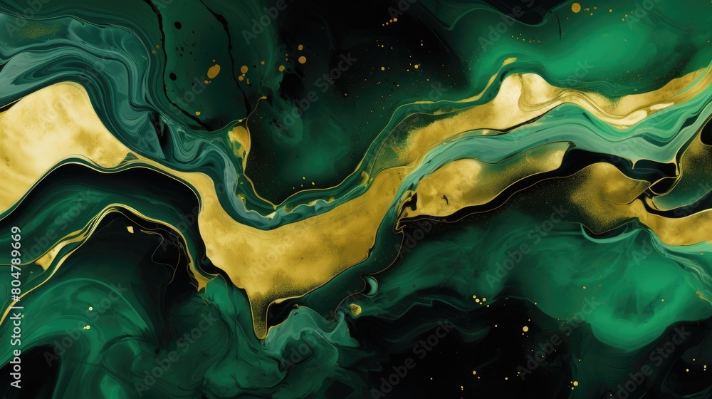 Luxurious green and gold marble pattern, an abstract liquid ink paint texture. Ai Generated.