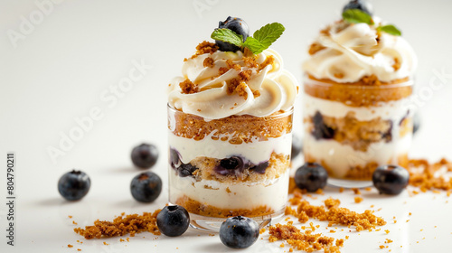Party dessert table. Mini Blueberry and Cherry Greek Yogurt Parfaits in a plastic cup. ai