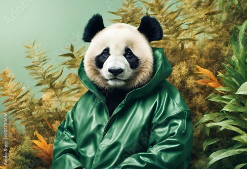 Panda vestido con chaqueta de color verde photo