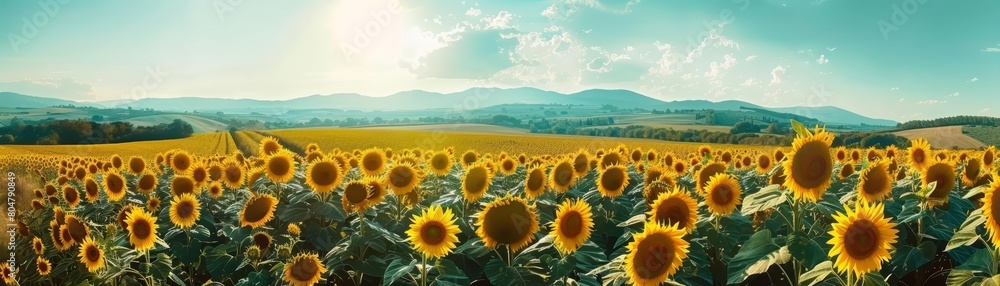 Fototapeta premium Panorama landscape of sunflowers in full bloom on a sunny day, stretching towards the horizon in Tuscany, Sharpen photography Colorful sun light high detail landscape background