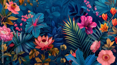  Vibrant Blue Background Featuring Exotic Decorative Flowers Illustration