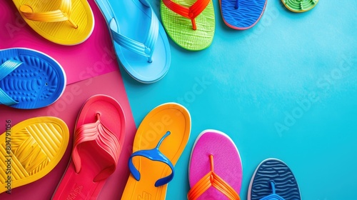 There is a variety of shoes and sandals displayed on a colorful background, including walking shoes, outdoor shoes, and electric blue and orange sandals. The vibrant display is like a work of art photo