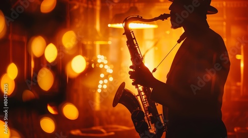 Silhouette of a jazz musician lost in a soulful saxophone solo, enveloped by the intimate ambience of a dimly lit club, Sharpen closeup highdetail realistic concept good mood tone