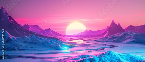 The neon abstract space background in this 3D render creates a vibrant setting for a synthwave vaporwave landscape, filled with pink and blue hues, Sharpen Landscape background © JK_kyoto