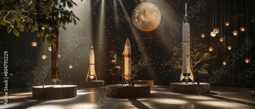 Wallpaper Mural The stage podium of space exploration forums hosts models of rockets and satellites on showroom pedestals Torontodigital.ca