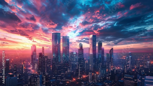 This 3D render captures a modern futuristic smart city, where buildings gleam with abstract bright lights against a backdrop of a dramatic evening sky, Sharpen Landscape background