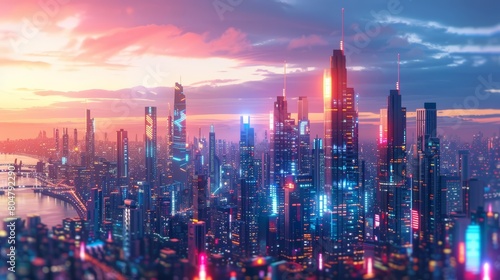 This 3D render captures a modern futuristic smart city, where buildings gleam with abstract bright lights against a backdrop of a dramatic evening sky, Sharpen Landscape background