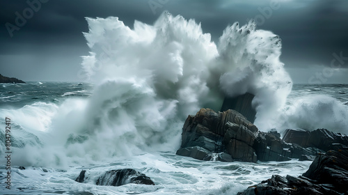 A powerful storm at sea  waves crashing against rocks in a display of nature s wrath