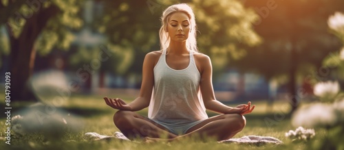 woman doing meditation outdoors in a green park photo