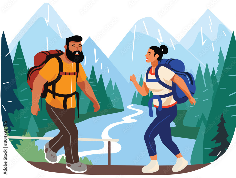Two hikers trekking mountain trail, man woman enjoying hike, couple adventure nature walk. Backpackers exploring outdoors, scenic landscape, male female travelers carry backpacks, trekking path