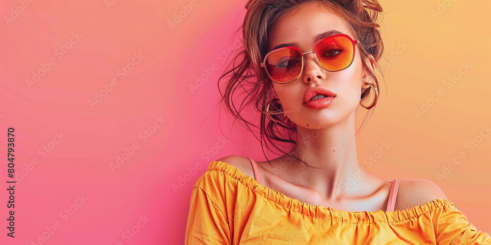 Beautiful young stylish woman, colorful plain background Beautiful young stylish woman, colorful plain background