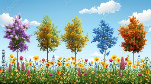 illustration of mountains with gradient colorful flower field landscape landscape, spring meadow with flowers and tree blossom with sky in nature background