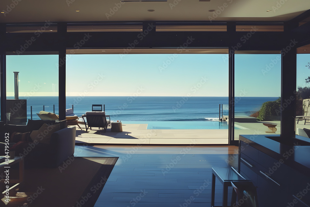 Fototapeta premium Modern contemporary illuminated house design exterior. Luxurious new construction home with panoramic windows, pool, patio