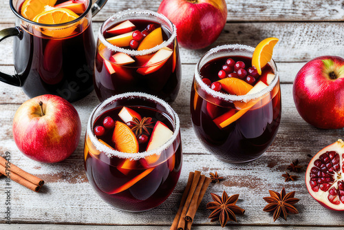 Fall and winter sangria with apples, oranges, pomegranate and cinnamon