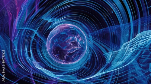 An information sphere with data and information drawn as a globe, adorned with ripples and fluctuations, Ai Generated.