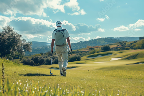 Man Playing Golf Professional golfer walking down a fairway, surrounded by the picturesque landscape of rolling hills and blue skies.