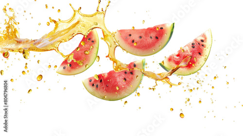 Flying pieces of watermelon with juice splashing and drops, isolated on white background, transparent  photo