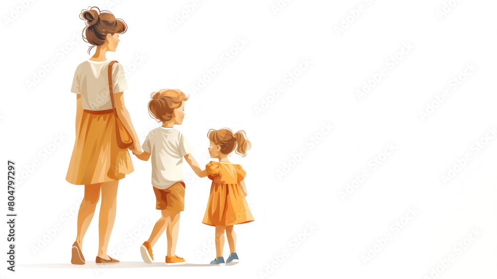 Brown watercolor of A mother with her preschooler going to school Brown watercolor of A mother with her preschooler going to school