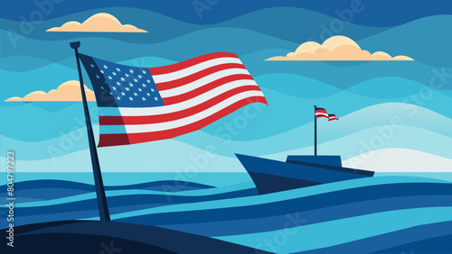 Against the backdrop of a vast ocean the American flag waves bravely on a ships mast representing the countrys dedication to protecting its citizens. Vector illustration