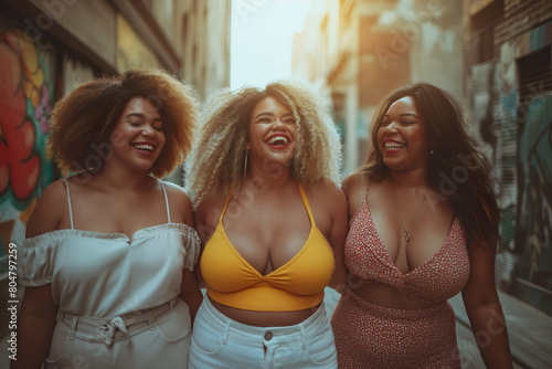 Cheerful multiracial curvy women with different skins having fun in summer day in the city walking, bode positive millennials travel concept photo