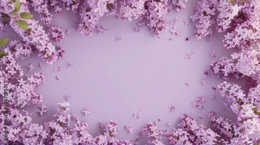 An exquisite border crafted from fresh lilac blossoms set against a soft violet pastel backdrop creates a stunning spring scene perfect for celebrating women or mothers on special occasions An exquisite border crafted from fresh lilac blossoms set against a soft violet pastel backdrop creates a stunning spring scene perfect for celebrating women or mothers on special occasions