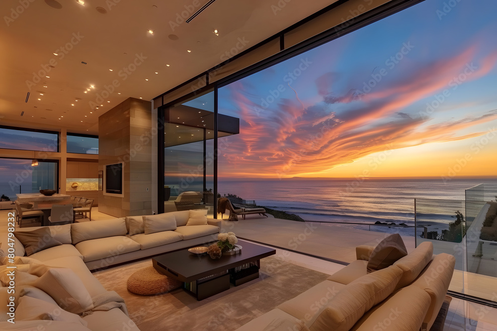 Fototapeta premium Modern contemporary illuminated house design exterior. Luxurious new construction home with panoramic windows, pool, patio