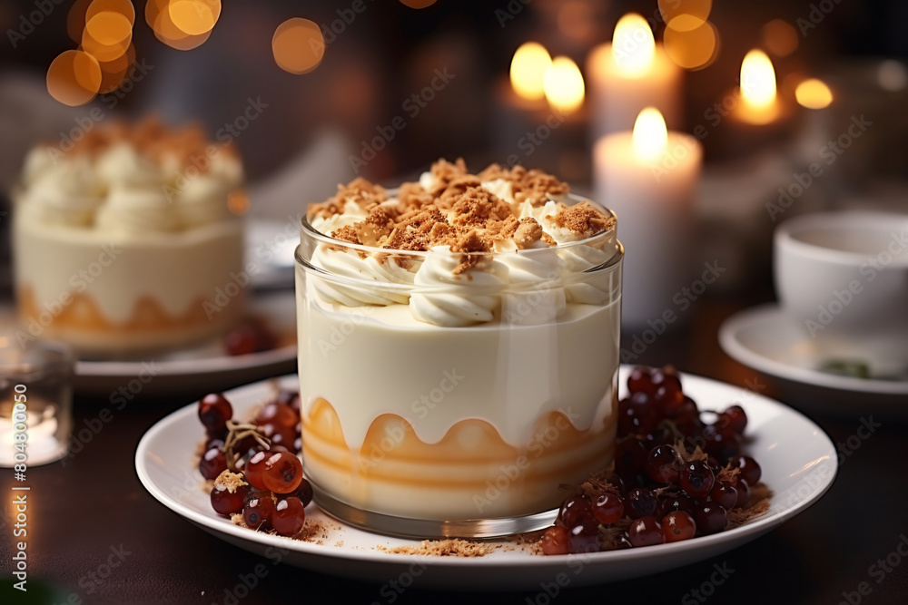 Elegant dessert in glass, topped with cream and crumbs, surrounded by warm candlelight. Elegant dessert in glass, topped with cream and crumbs, surrounded by warm candlelight.