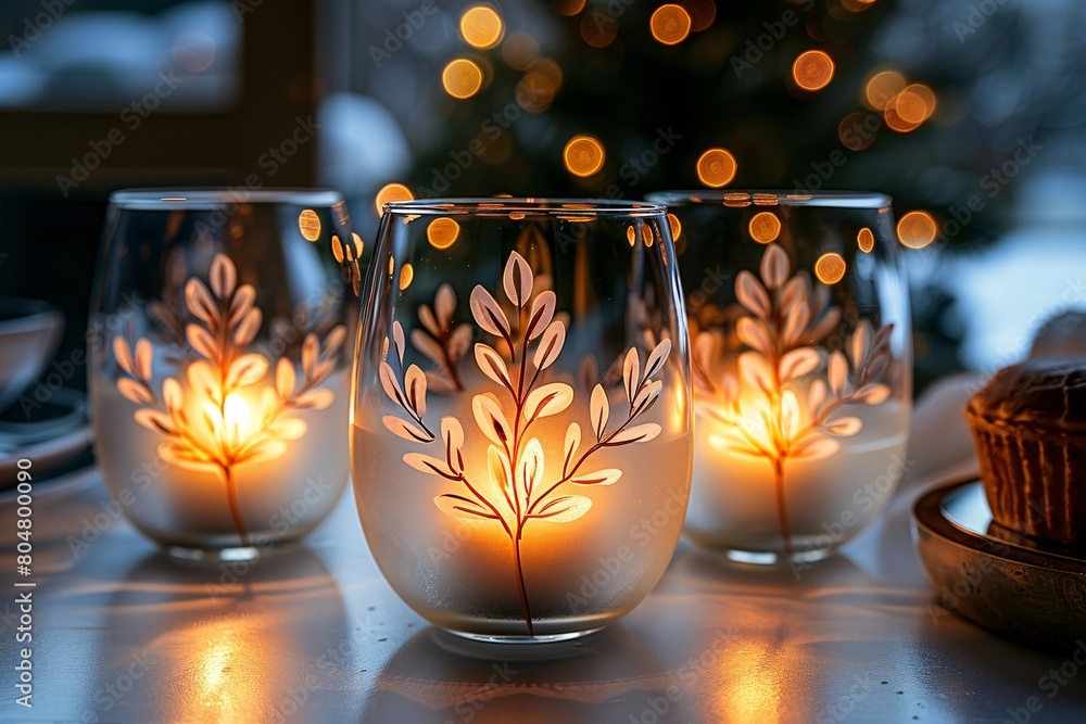 Three illuminated glasses with delicate white leaf patterns, set on a table, create a warm ambiance. Three illuminated glasses with delicate white leaf patterns, set on a table, create a warm ambiance.