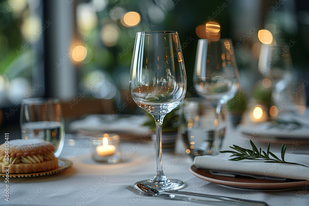 Elegant dinner setup with wine glasses, featuring delicate white leaf patterns, candles, and a pastry. Elegant dinner setup with wine glasses, featuring delicate white leaf patterns, candles, and a pastry.