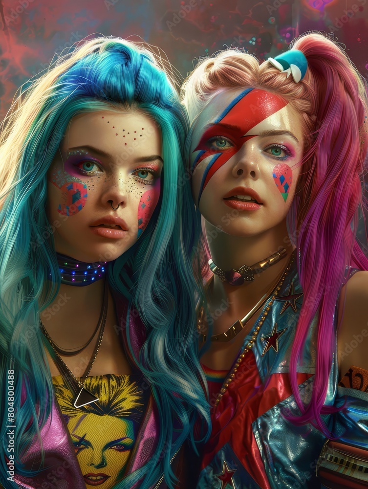 A portrait of a couple twin girls with red and blue style and painted faces and emotional faces. fantasy cosplay models. A portrait of a couple twin girls with red and blue style and painted faces and emotional faces. fantasy cosplay models.