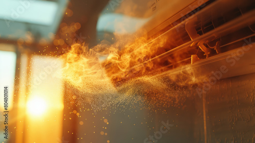 A fan is blowing out smoke and sparks from a broken air conditioner. Generative AI.