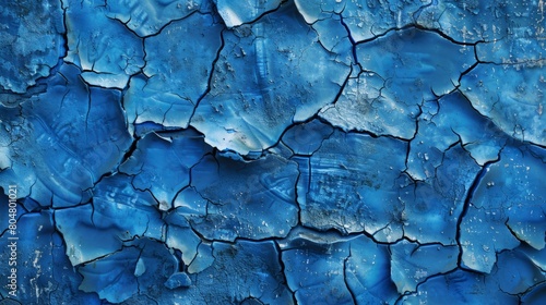 Artistic portrayal of a blue wall with intricate cracks and holes. Eroded beauty and textured character.