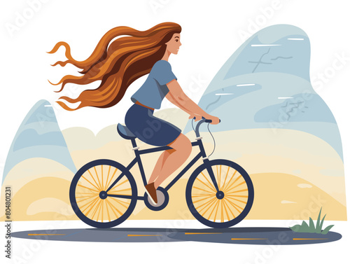 Young woman cycling outdoors, long hair flowing, active lifestyle. Female cyclist riding bike, enjoying nature, exercise. Leisure activity, cartoon woman bicycle, scenic background, health concept