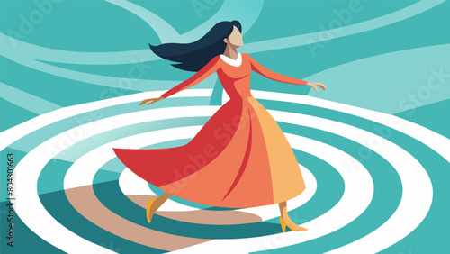 A woman in a flowing s twirling and dancing as she walks through the winding turns of a labyrinth.. Vector illustration
