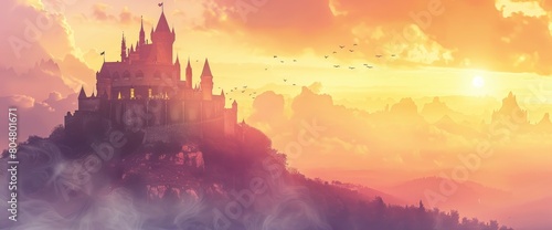 A majestic castle on a hilltop at dawn  misty atmosphere  warm colors  Background Banner HD