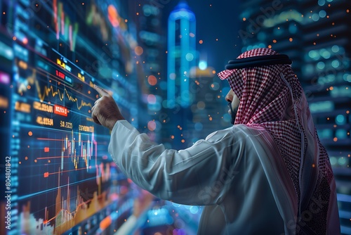 A Saudi Arabian Gulf businessman pointing his hand at the stock exchange screen.