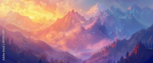 A majestic mountain pass at sunrise, misty peaks, warm colors, Background Banner HD