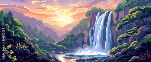 A majestic waterfall in the mountains at sunrise  cascading water  Background Banner HD