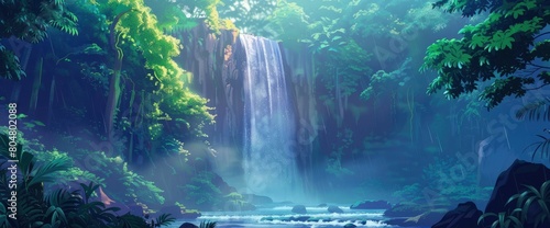 A majestic waterfall in the rainforest at dawn  cascading water  misty atmosphere  Background Banner HD