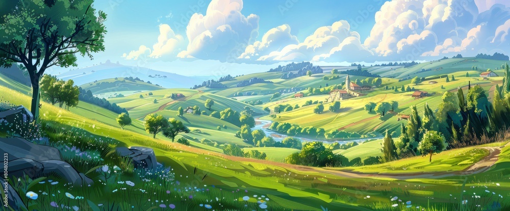 A picturesque countryside vista, rolling hills, winding rivers, Background Banner HD