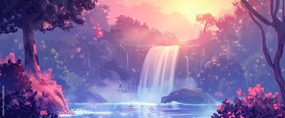 A picturesque forest waterfall at twilight, soft colors, serene ambiance, Background Banner HD