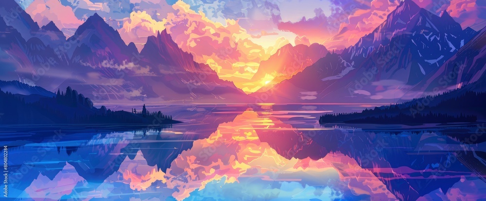 A picturesque mountain lake at sunrise, mirrored reflections, misty atmosphere, Background Banner HD