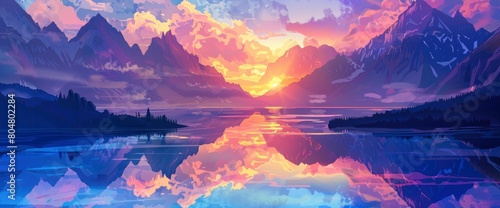 A picturesque mountain lake at sunrise  mirrored reflections  misty atmosphere  Background Banner HD